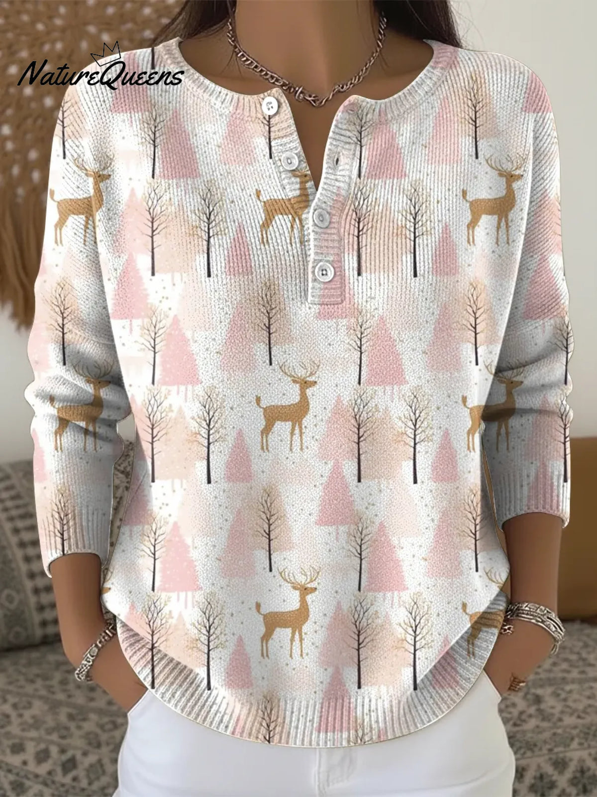 Women's Christmas Pink Casual Printed Sweater