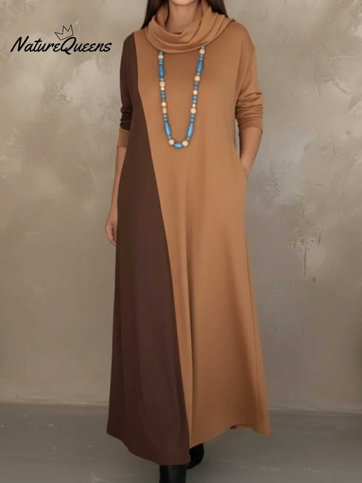 Retro Cowl Collar Color Block Knit Dress