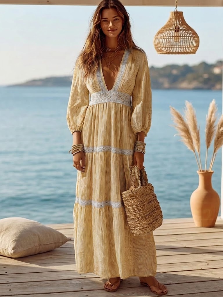 Stylish Casual Striped & Lace-trimmed Linen-cotton Maxi Dress