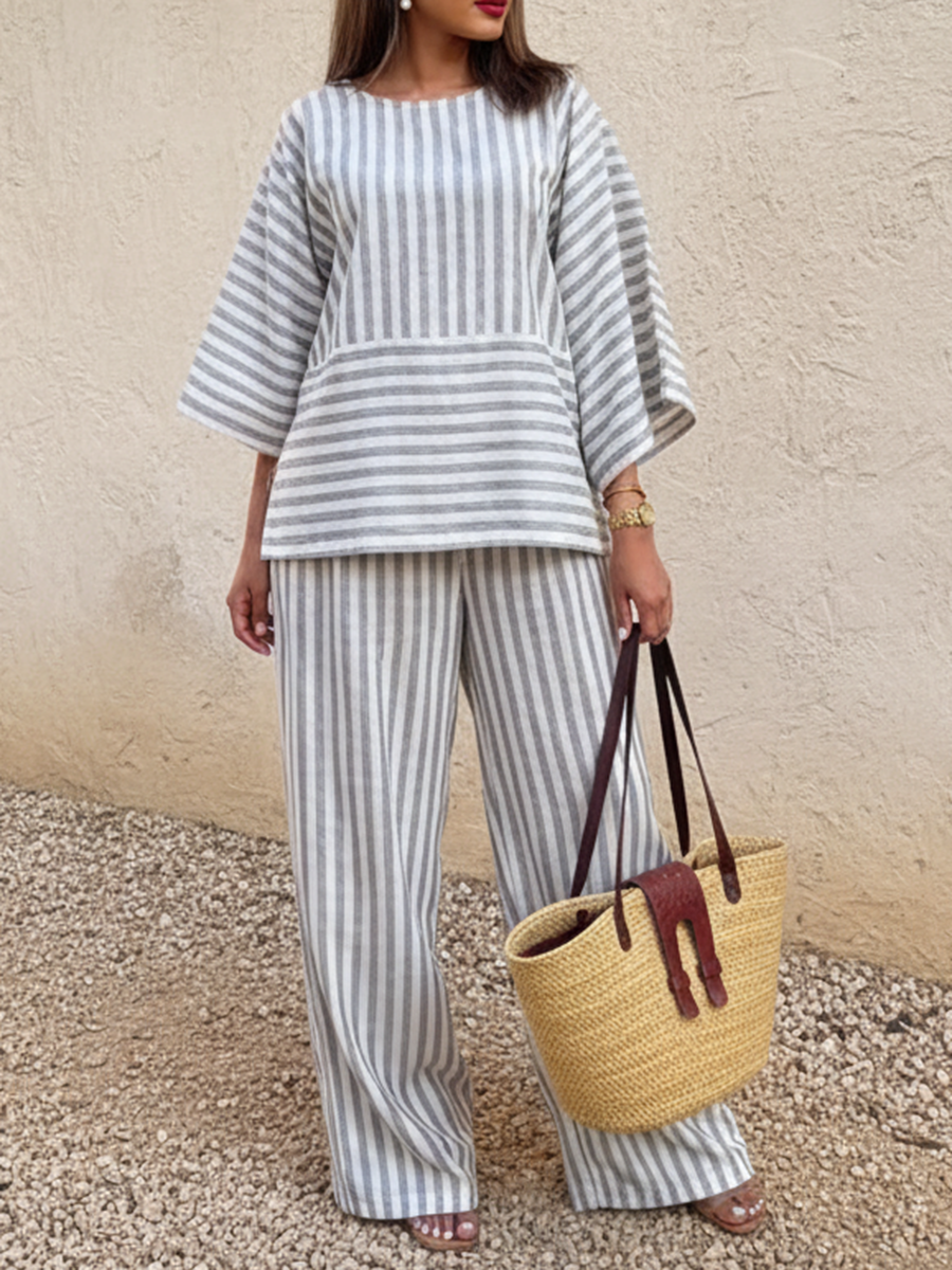 Casual Striped Linen Top And Wide-leg Pants Two-piece Set