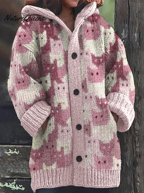 Women's Funny Cats Pattern Art Print Casual Fleece Coat