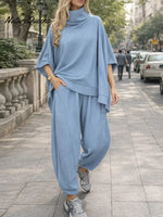 Women's Solid Color Stand-collar 3/4 Sleeve Casual Loose Knit Top And High-waisted Casual Loose Wide-leg Pants Set.