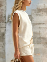 Women's Retro Color-blockSleeveless Round Neck Cotton And Linen T-shirt And Shorts Set