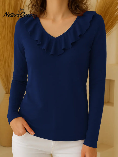 Women's Solid Color V-Neck Long Sleeve Ruffle Pullover