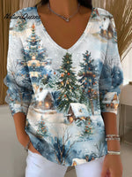 Women's Christmas Winter Snow Scene Decoration Patterns Casual V Collar Long Sleeve Sweater
