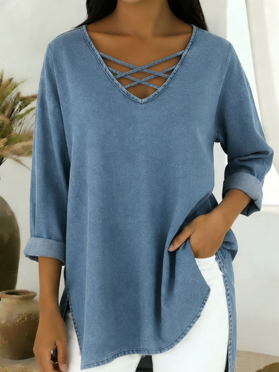 Casual Loose-fitting V-neck Denim Cotton Top