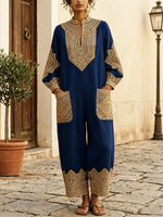 Women's Ethnic Pattern Art Casual Stylish Elegant Long Sleeve Cotton Linen Jumpsuit