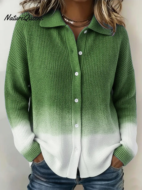 Casual Gradient Blue Shirt Button Knit Sweater