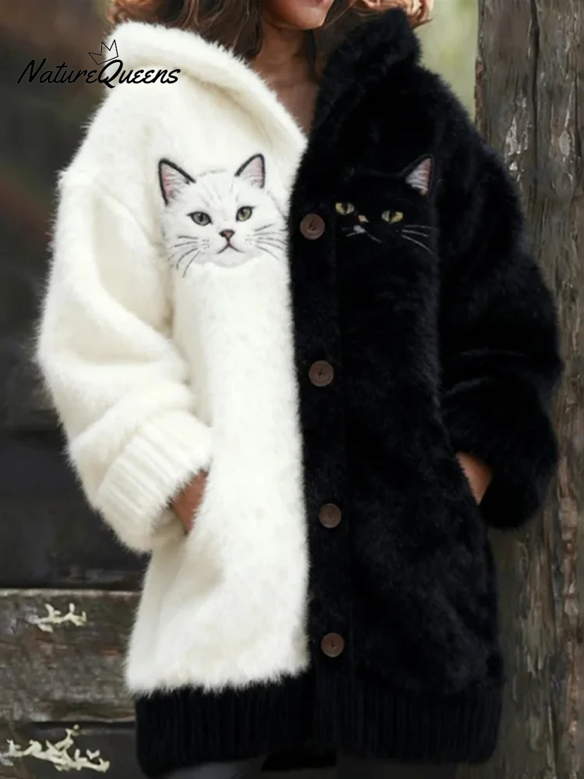 Women's Funny Cats Pattern Art Print Casual Fleece Coat