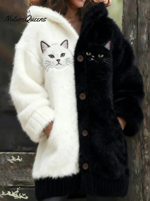 Women's Funny Cats Pattern Art Print Casual Fleece Coat