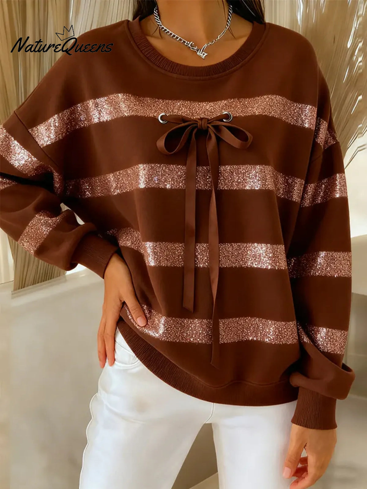 Women's Casual Striped Cotton Sweatshirt With Bow