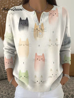 Women's Colorful Cute Cat Casual Printed Sweater