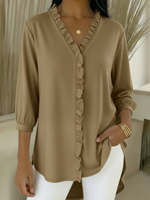 Casual Ruffled V-neck Cotton Top