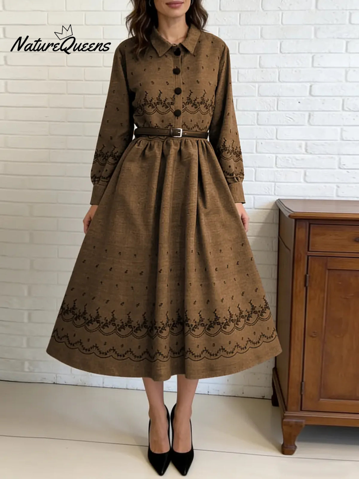 Women's Retro-style Print Shirt Collar Long Sleeve Casual Loose Cotton Dress