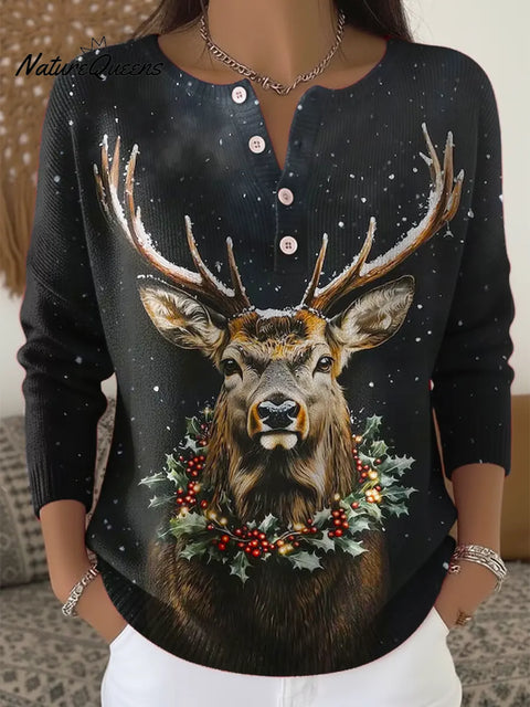 Women's Christmas Deer Pattern Art Print Buttoned Cardigan Sweater