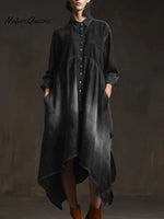 Women's Solid Color Shirt Collar Long-sleeved Casual Loose Cotton Dress