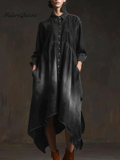 Women's Solid Color Shirt Collar Long-sleeved Casual Loose Cotton Dress