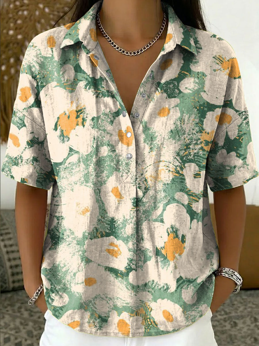 Women's Vintage Botanical Floral Casual Polo Collar Short-sleeved Linen And Cotton Shirt