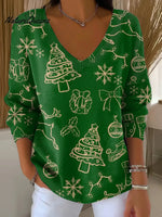 Green Christmas Printed Casual V-neck Sweater