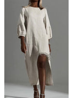 Casual Linen And Cotton Dress With Chain And Rhinestone Embellishments On The Hem