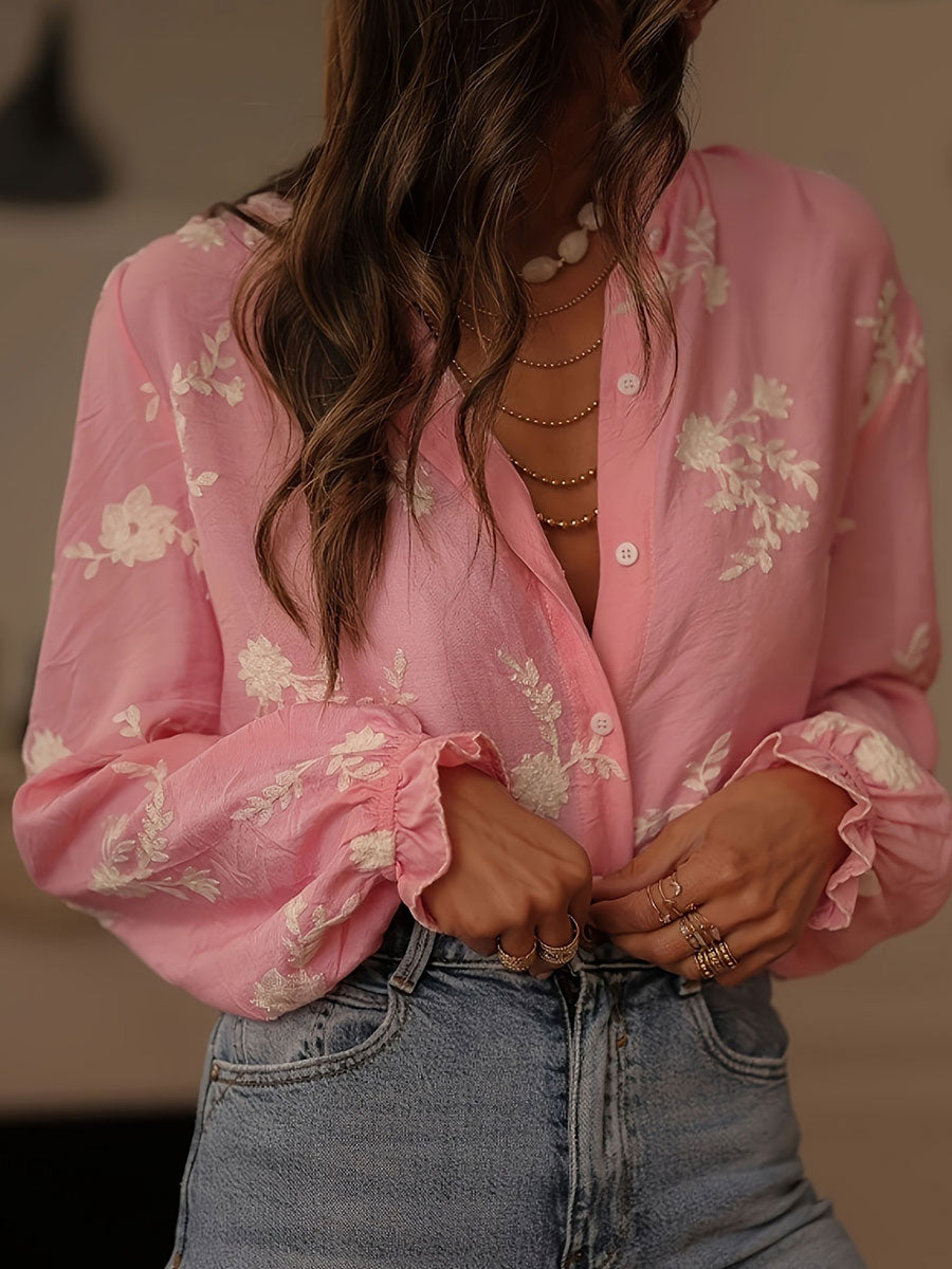 Women's Long-sleeved Collared Lantern Sleeve Shirt