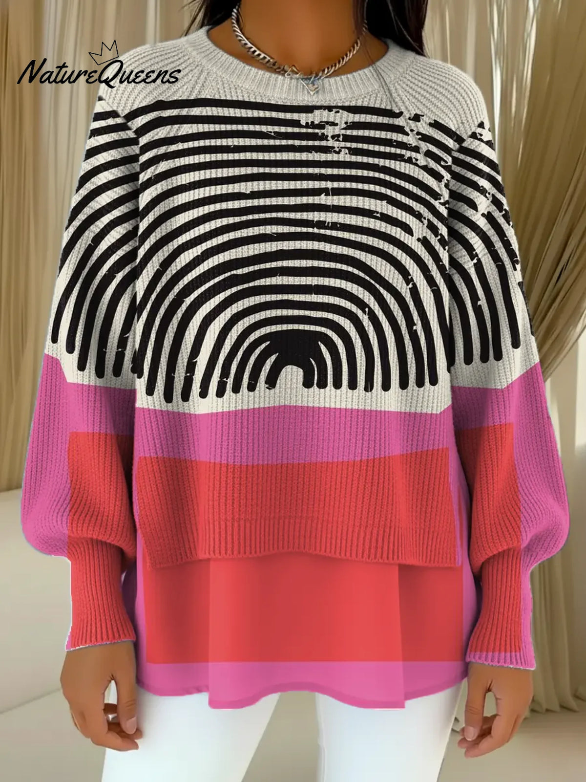 Women's VintageGeometricArt Print Casual Knitted Sweater