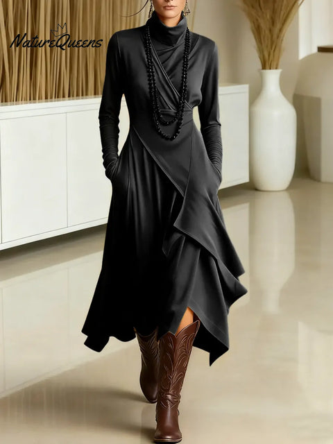 Women's Solid Color Turtleneck Long-sleeved Casual Loose Irregular Hem Knitted Dress