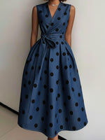 Elegant V-neck Polka Dot Print Denim Dress