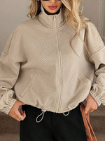Women's High-neck Zippered Hem Drawstring Pocket Loose Coat