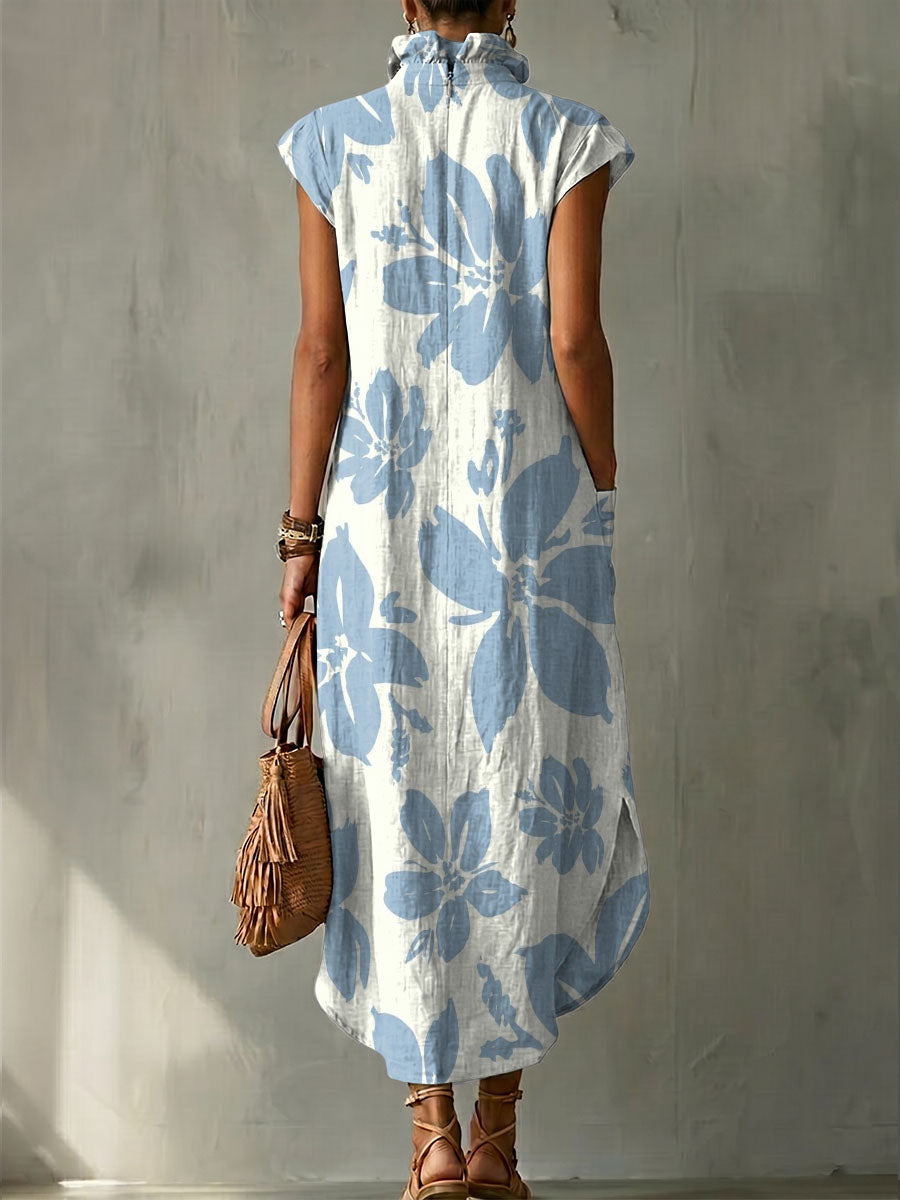 Elegant Floral Decorative Patterns Women's Bud Collar Linen Cotton Dress