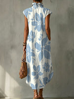 Elegant Floral Decorative Patterns Women's Bud Collar Linen Cotton Dress