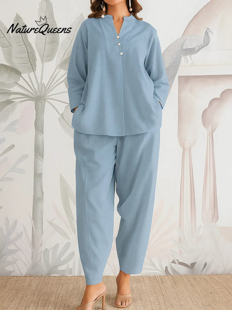 Women's Solid Color V-neck Long-sleeved Casual Loose Cotton And Linen Top And High-waisted Casual Jogger Pants Set