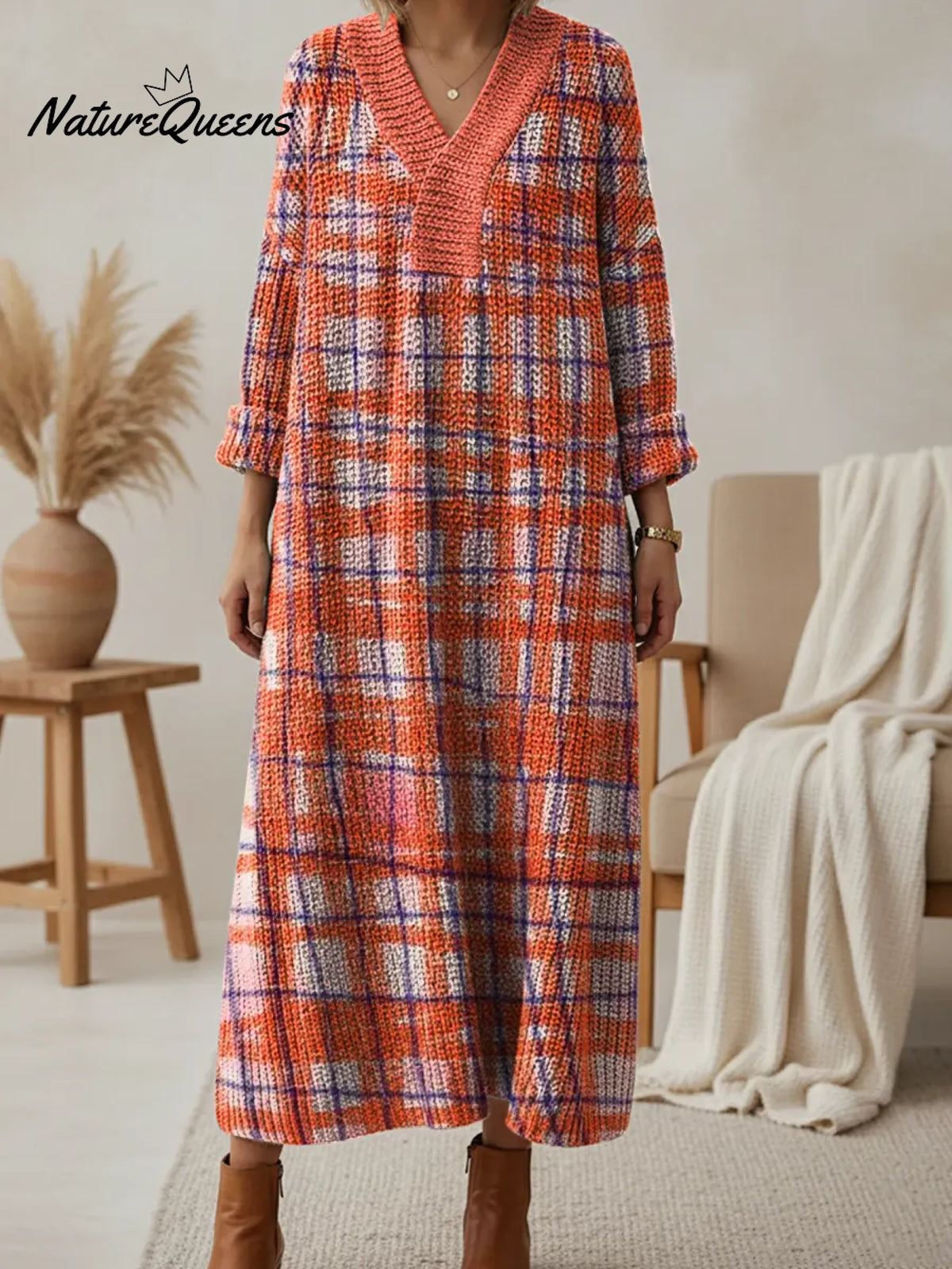 Women's Vintage Art Striped Plaid V-neck Knit Dress