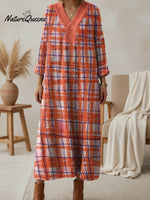 Women's Vintage Art Striped Plaid V-neck Knit Dress