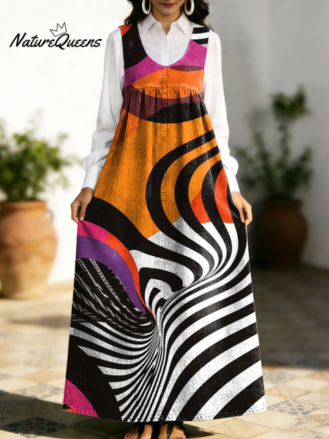 Women's Retro Geometry Colorful Square Pattern Art Print Casual Cotton Denim Dress