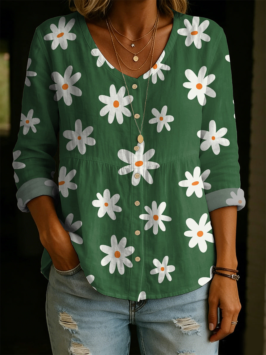 Women's Fun Daisy Decorative Patterns Linen And Cotton Shirt