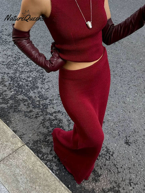 Women's Casual Elegant Knitted Turtleneck Vest And Skirt Set