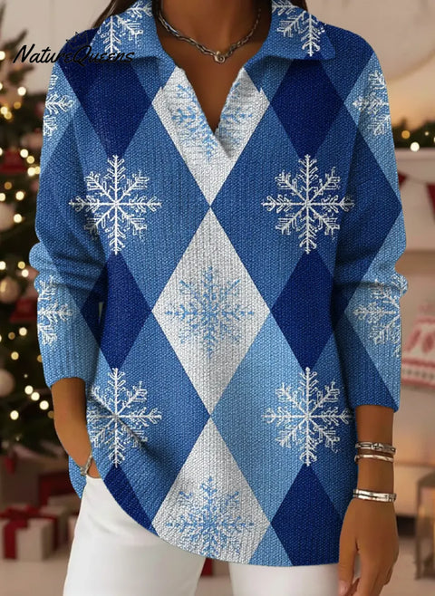 Women's Snowflake Plaid Pattern Art Print Casual Cotton Sweater