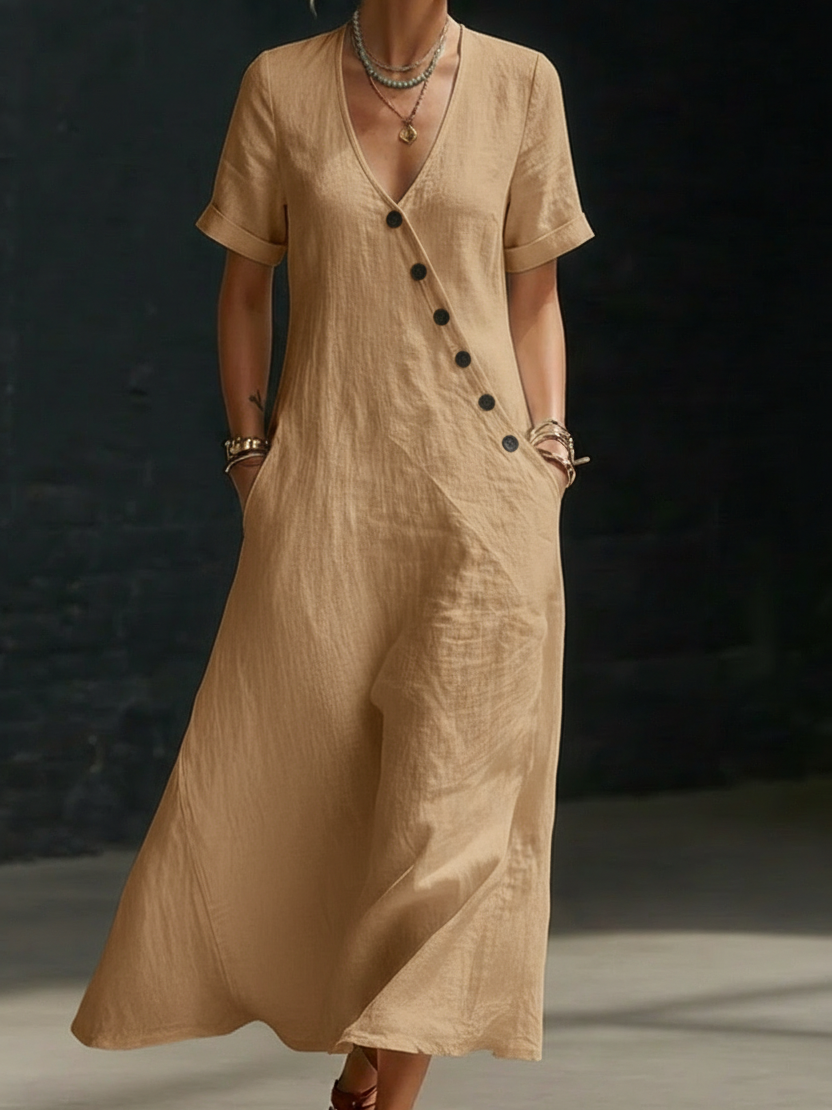 Cozy Minimalist Button-up Loose Linen Cotton Dress