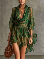 Leopard-print Cowl-neck Dress With Cinched Waist And Asymmetrical Hem