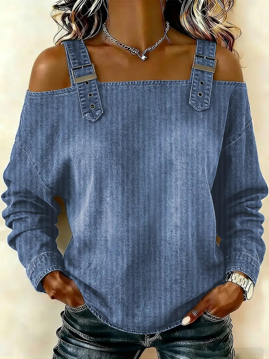 Women‘s Vintage Line Pattern Art Print Casual Cotton Denim Shirt