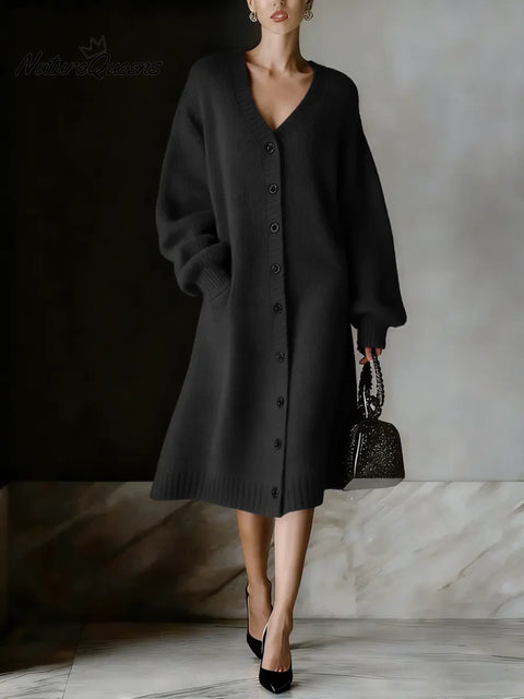 Women's Solid Color V-neck Long Sleeve Casual Loose Cardigan Dress