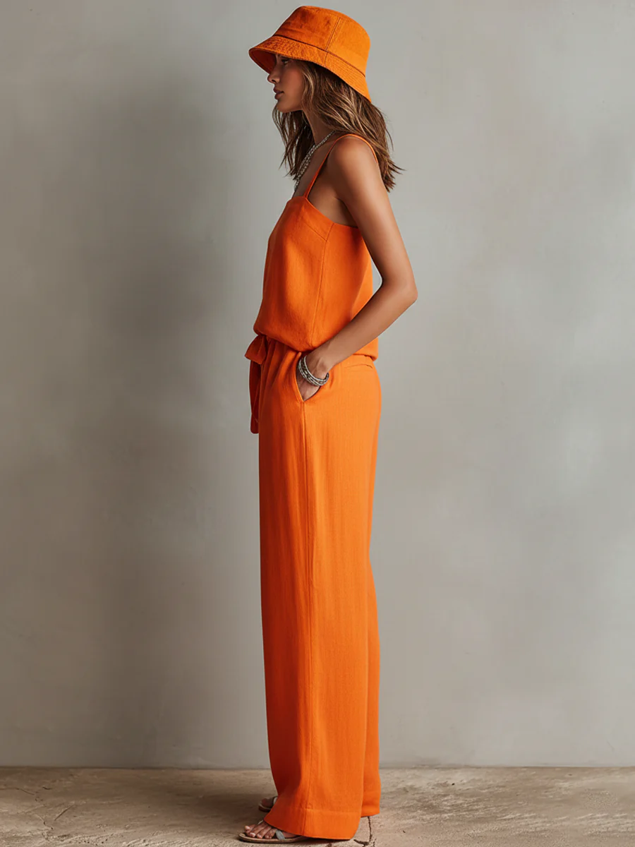 Casual & Simple Bright Orange Cotton-linen Two-piece Set
