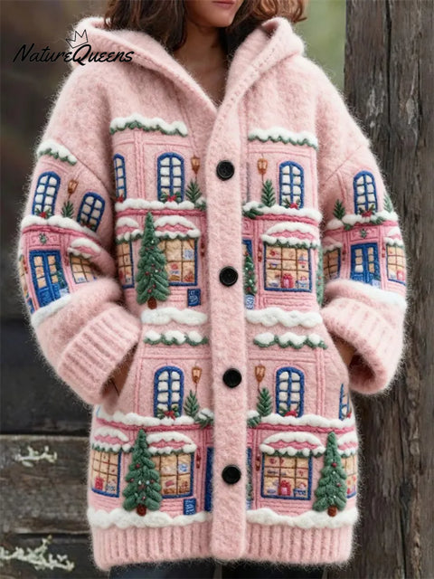 Women's Christmas Pattern Art Print Casual Fleece Coat