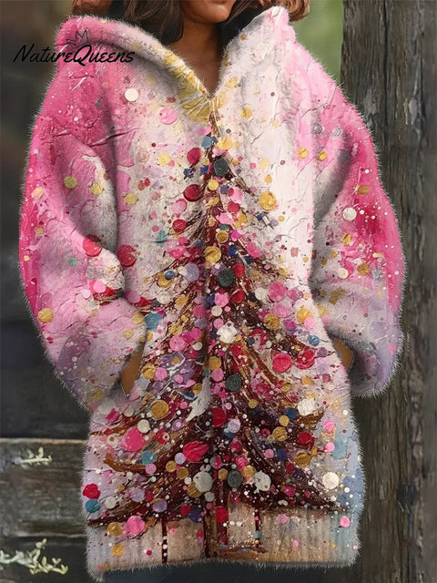 Women's Christmas Tree Pattern Art Print Casual Fleece Coat