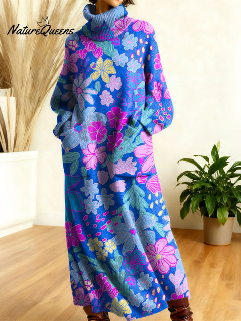 Women's Retro Flowers High-neck Long-sleeve Casual Loose Knit Dress