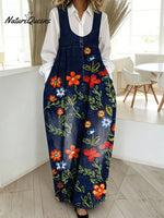 Women's Vintage Flower Pattern Art Print Casual Cotton Denim Dress