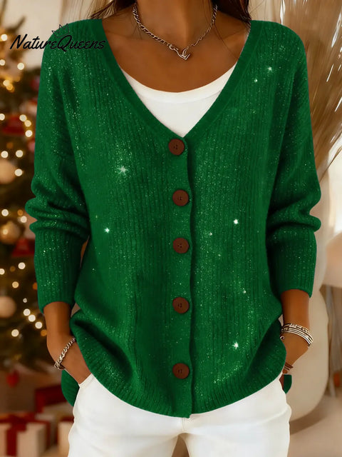 Women's Solid Color V-Neck Casual Loose Sequined Knit Cardigan