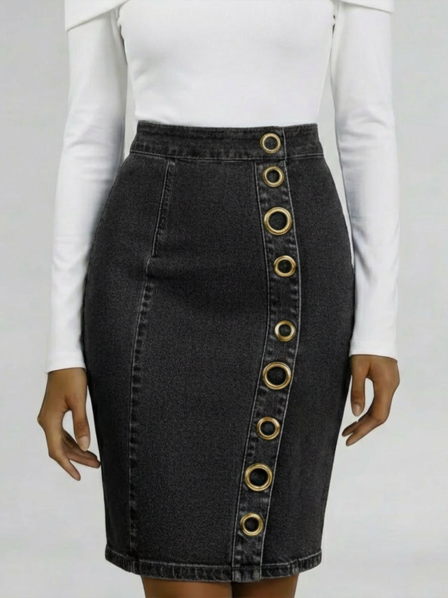 Casual Denim Skirt With Metal Ring Embellishments.