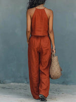 Women's Solid-color Cotton-linen Set: Round-neck Sleeveless Loose-fit Top & High-waisted Wide-leg Pants